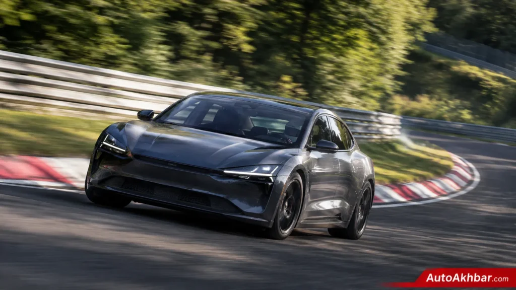 Electric Mercedes-AMG CLA45 cornering on the Nurburgring racetrack