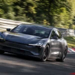 Electric Mercedes-AMG CLA45 cornering on the Nurburgring racetrack