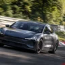 Electric Mercedes-AMG CLA45 cornering on the Nurburgring racetrack