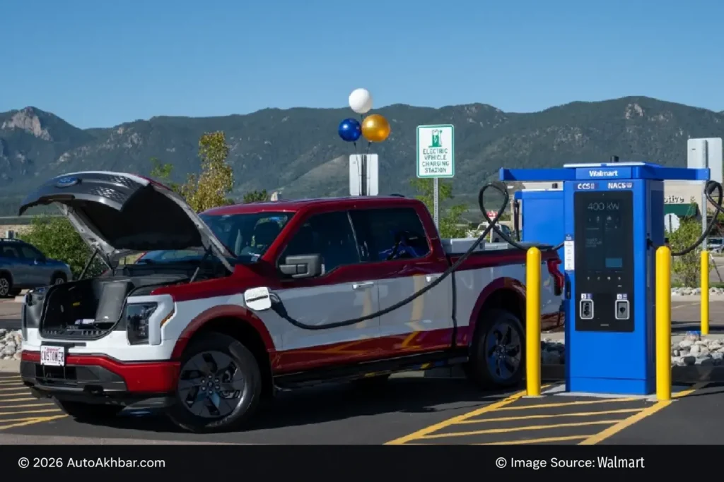 Electric vehicle charging at a Walmart-owned fast charging station