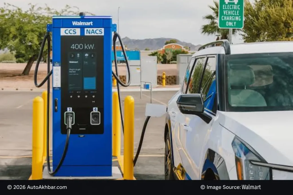 Walmart EV : Electric vehicle charging at a Walmart-owned fast charging station 