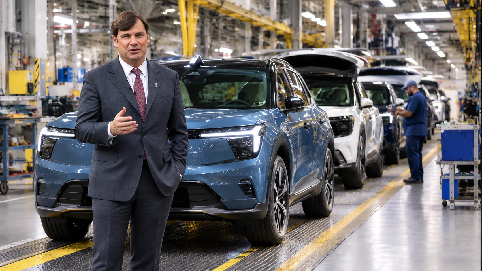 Ford electric vehicle on an assembly line at a US manufacturing plant