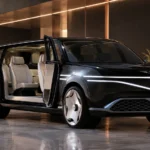 Luxury electric SUV prototype with rear-hinged coach doors open in a showroom