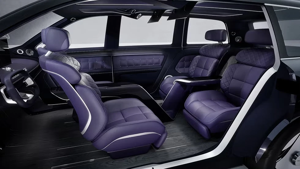 Luxury electric SUV prototype with rear-hinged coach doors open in a showroom GV90 