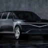 Luxury electric SUV prototype with rear-hinged coach doors open in a showroom