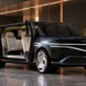 Luxury electric SUV prototype with rear-hinged coach doors open in a showroom