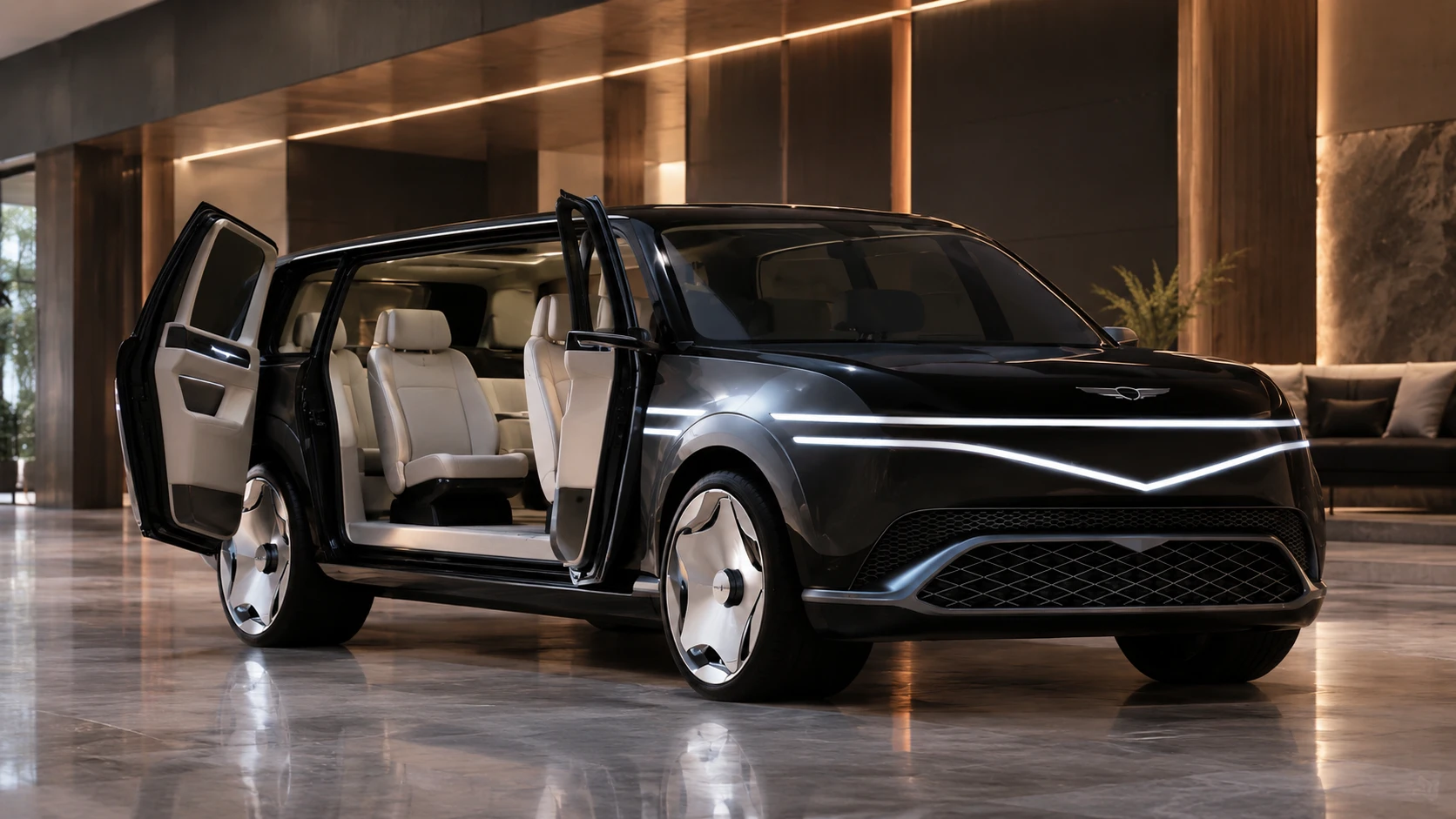 Luxury electric SUV prototype with rear-hinged coach doors open in a showroom