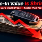 Illustration of shrinking dollar stack under a car key representing dealership trade-in value manipulation, AutoAkhbar