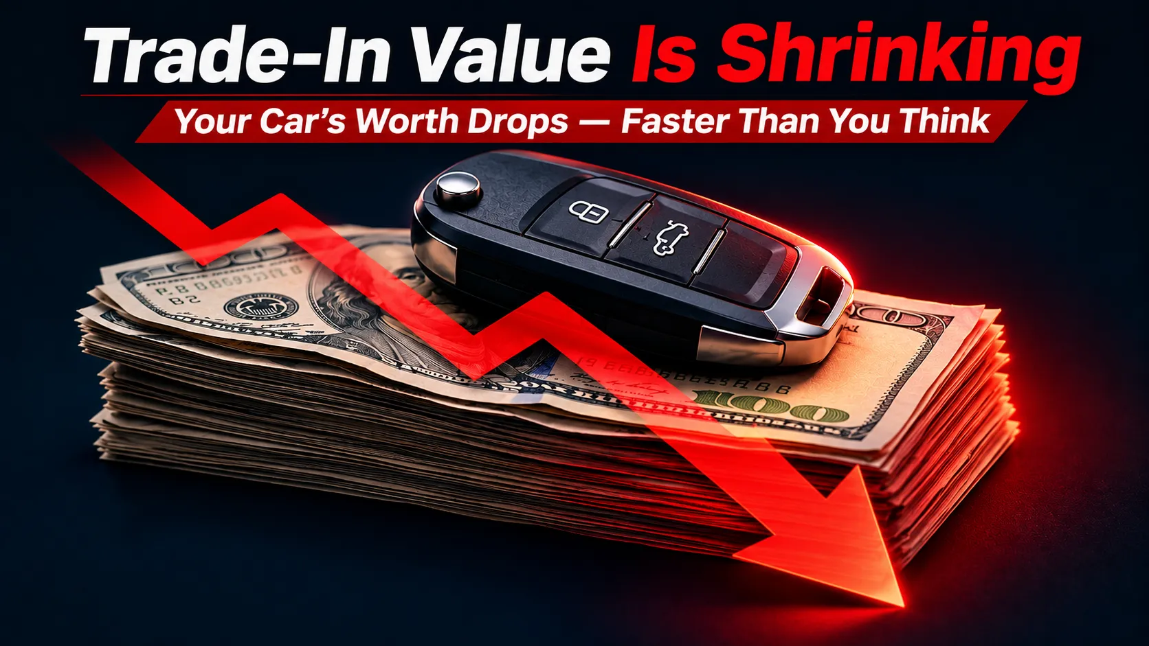 Illustration of shrinking dollar stack under a car key representing dealership trade-in value manipulation, AutoAkhbar