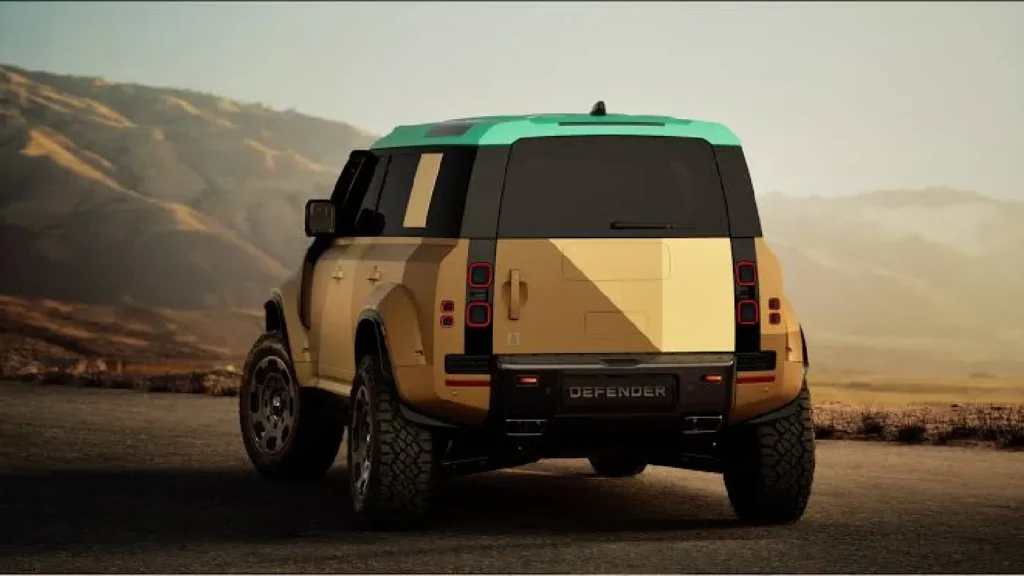 Land Rover Defender Dakar SUV driving through desert dunes, AutoAkhbar branded image