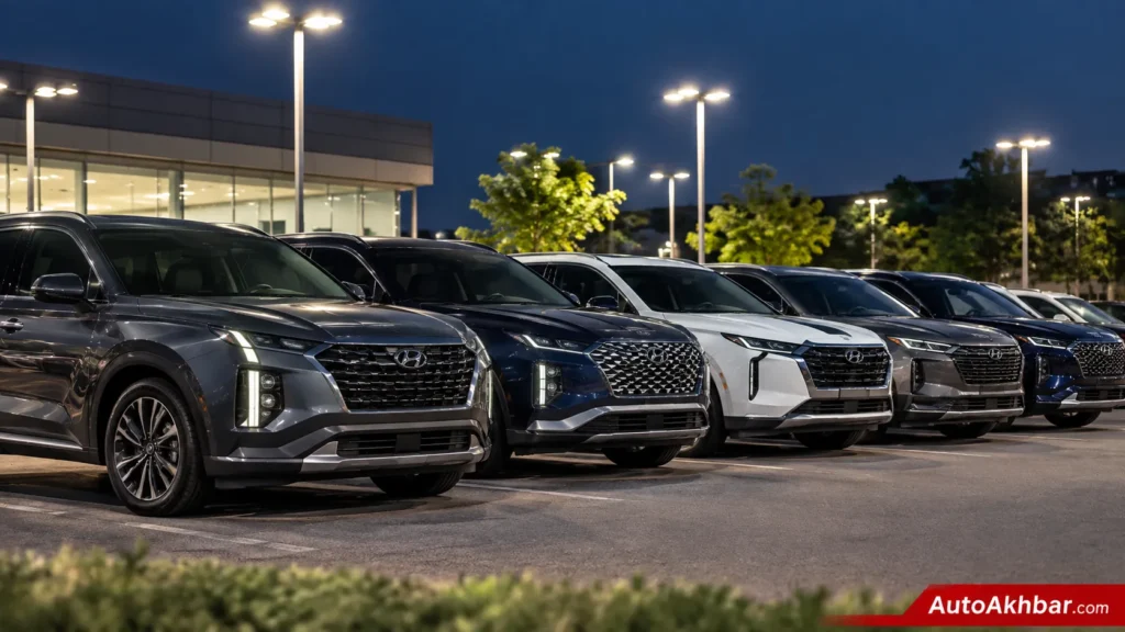Row of Hyundai, Kia and Genesis SUVs parked at a dealership : Hyundai Kia