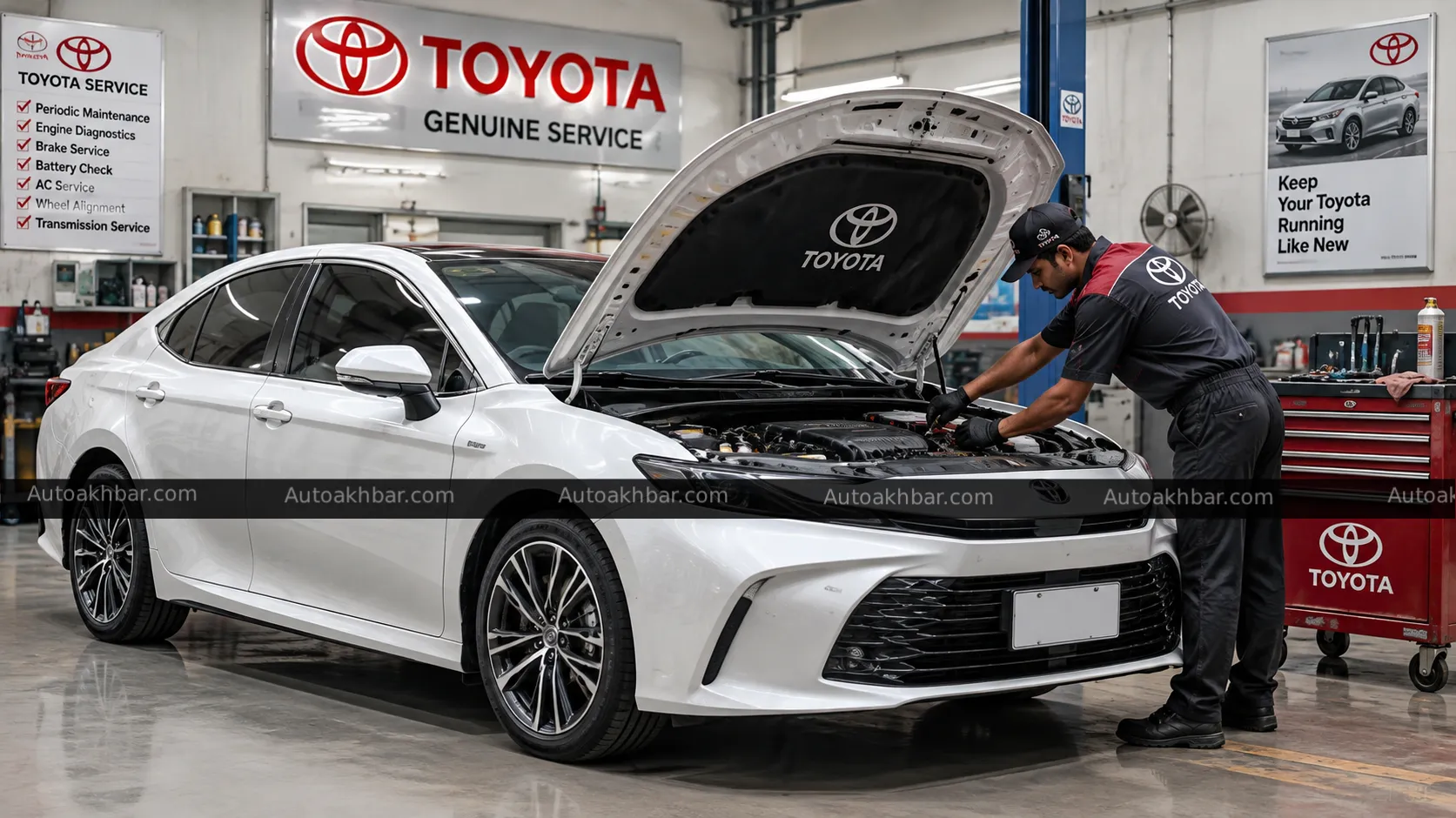 2026 Toyota Camry Hybrid exterior shot, AutoAkhbar.com branded image