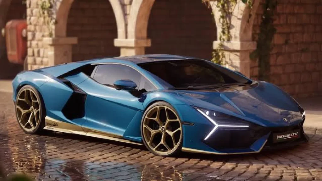 Two-tone Lamborghini Revuelto Miura 60 Homage supercar front three-quarter view