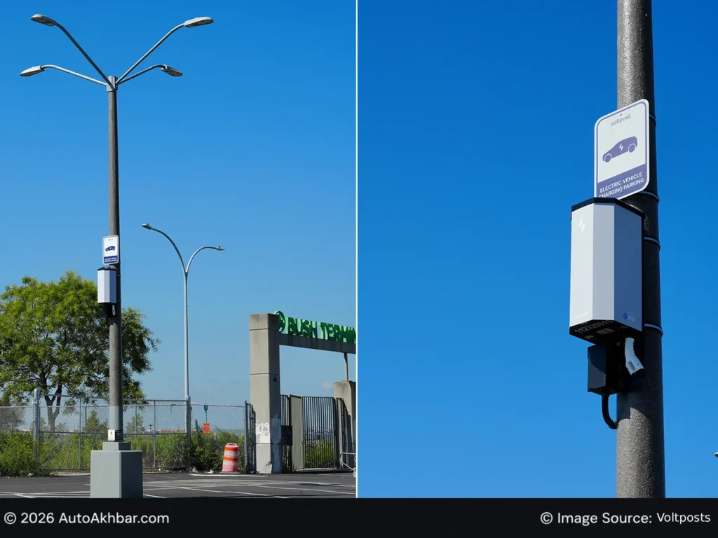 Voltpost Air EV charger mounted on a lamppost outside an apartment building