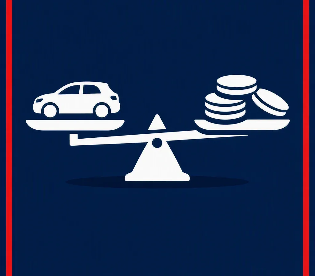 Weighing scale graphic showing a car outweighing a small stack of coins, representing unfair dealership trade-in value