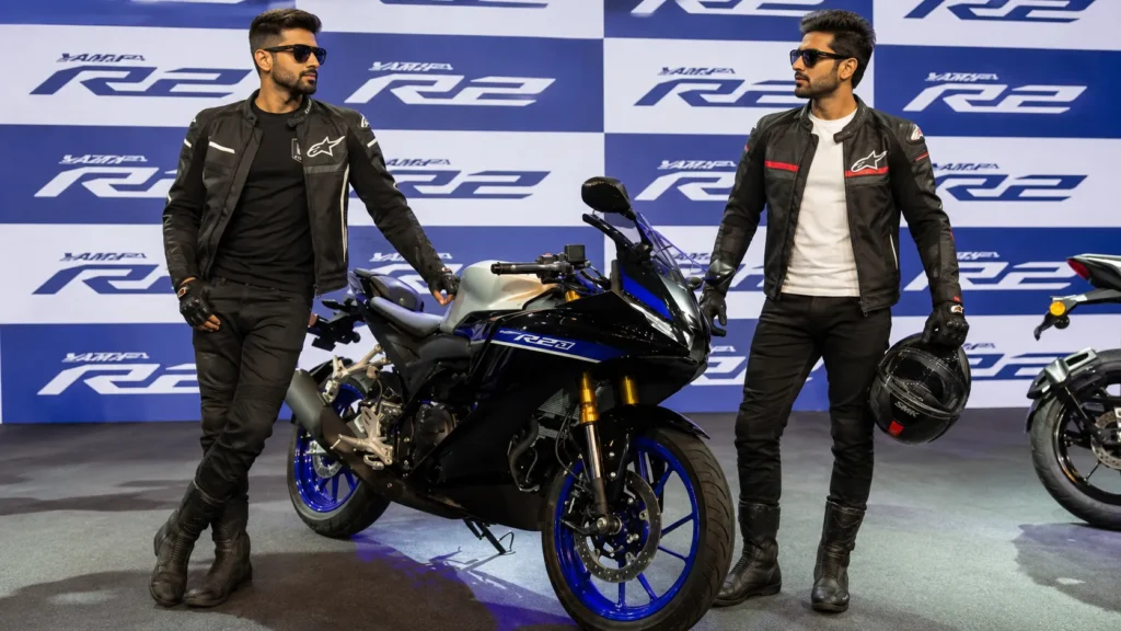 Yamaha R2 side profile studio shot in Racing Blue colour