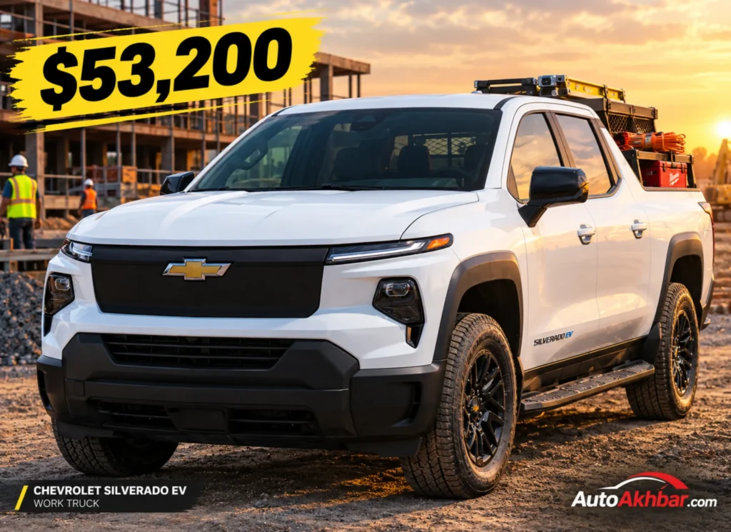 White Chevrolet Silverado EV Work Truck at a US construction job site with contractor tools and $53,200 price badge