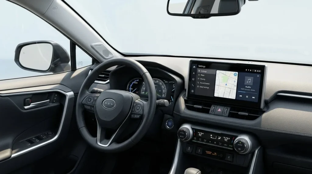 2026 Toyota RAV4 PHEV interior cabin dashboard and touchscreen review on Autoakhbar.com