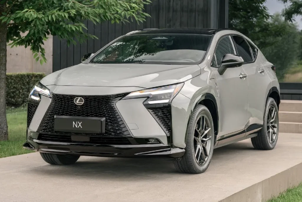 2027 Lexus NX facelift shown from a front three-quarter angle with its new spindle grille