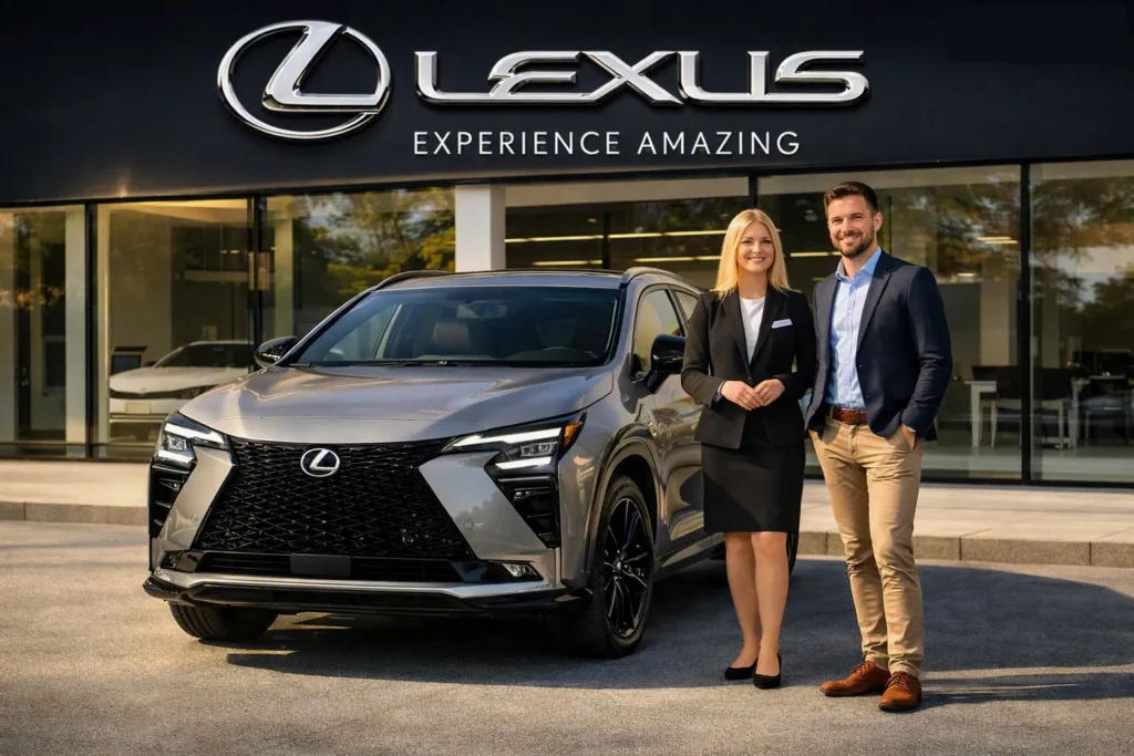 2027 Lexus NX facelift shown from a front three-quarter angle with its new spindle grille