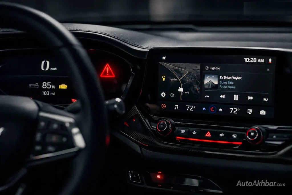 Common EV Problems : Chevrolet Blazer EV dashboard showing warning indicator lights and infotainment screen