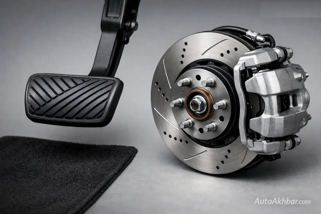 Common EV Problems : Close-up of a car brake pedal and caliper, illustrating the GM eBoost brake investigation