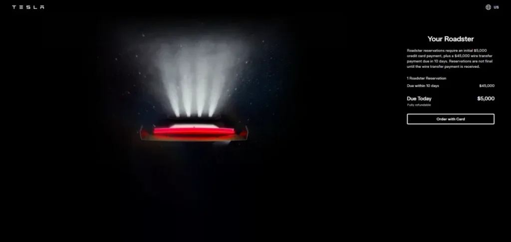 Tesla Roadster Website page
