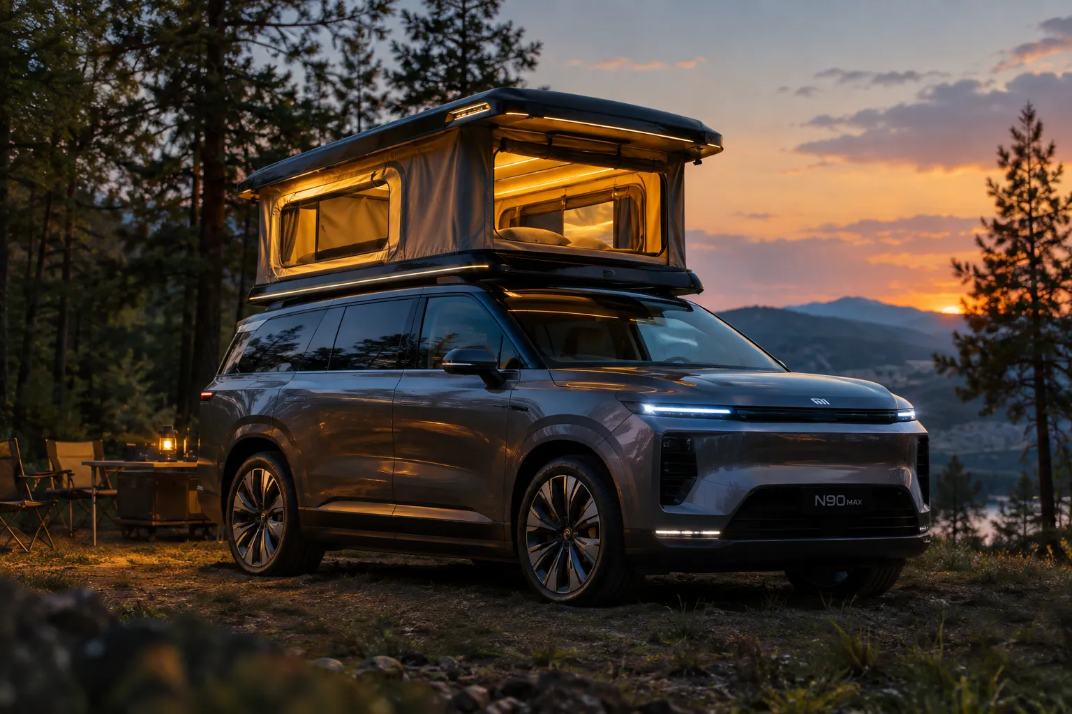 Xiaomi SkyNomad N90 Max Studio with pop-up rooftop tent raised at a campsite