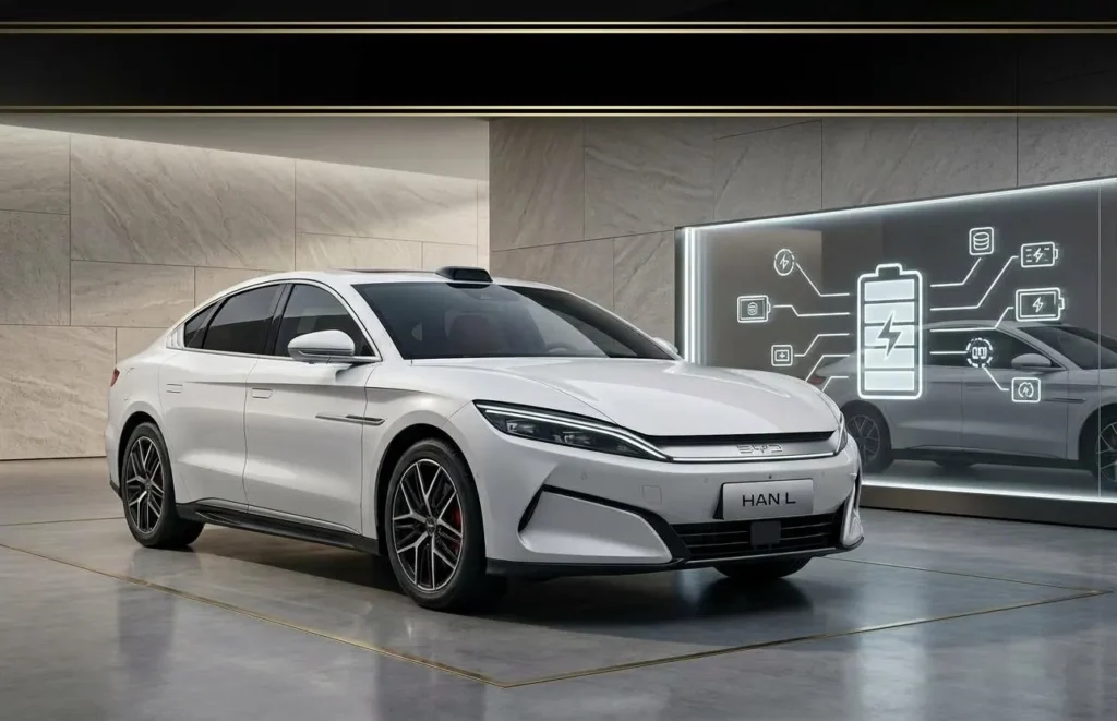 Front three-quarter view of a white BYD Han L luxury electric sedan showcasing its aggressive LED headlights, sporty bumper, and roof-mounted LiDAR sensor.