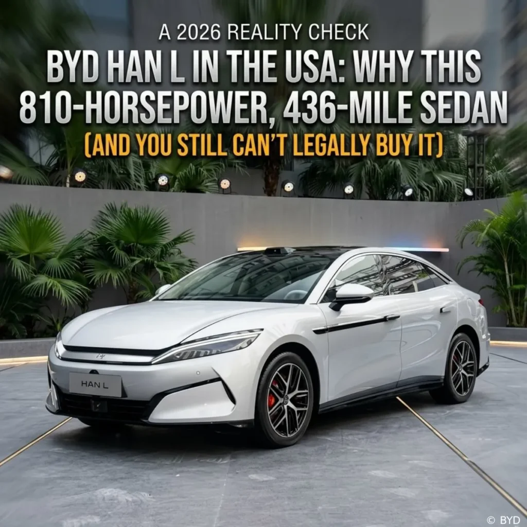A sleek white BYD Han L electric sedan parked outdoors, featuring its signature athletic profile, dynamic alloy wheels, and a modern frontend design, representing the 810-horsepower luxury EV.
