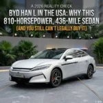 A sleek white BYD Han L electric sedan parked outdoors, featuring its signature athletic profile, dynamic alloy wheels, and a modern frontend design, representing the 810-horsepower luxury EV.