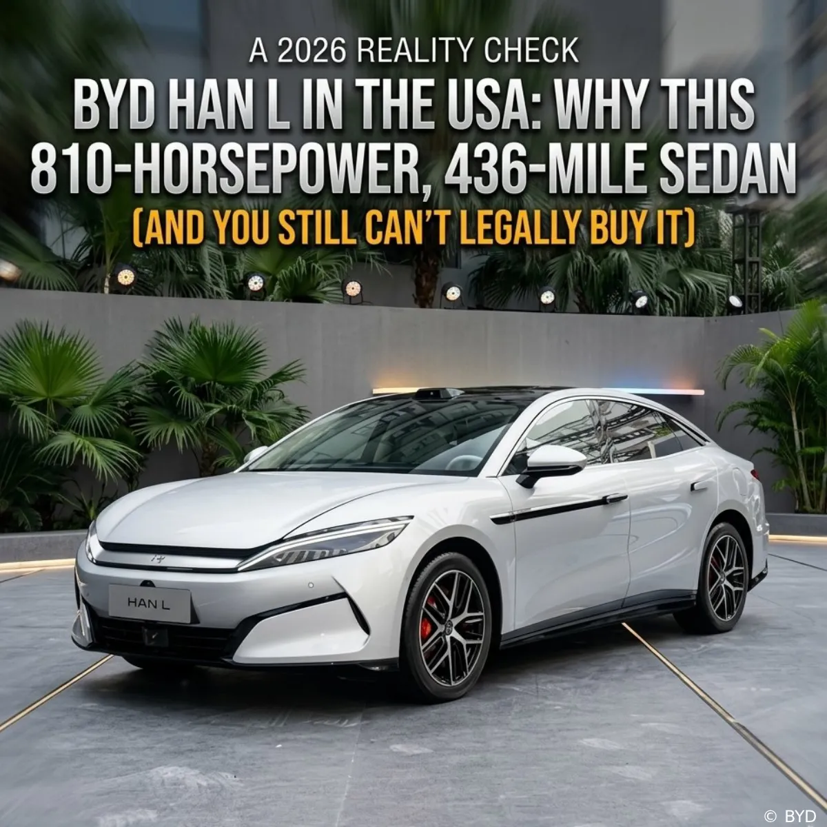 A sleek white BYD Han L electric sedan parked outdoors, featuring its signature athletic profile, dynamic alloy wheels, and a modern frontend design, representing the 810-horsepower luxury EV.