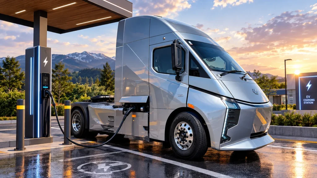 DeepWay Star 600 electric semi-truck with 600 kWh battery at an EV charging station