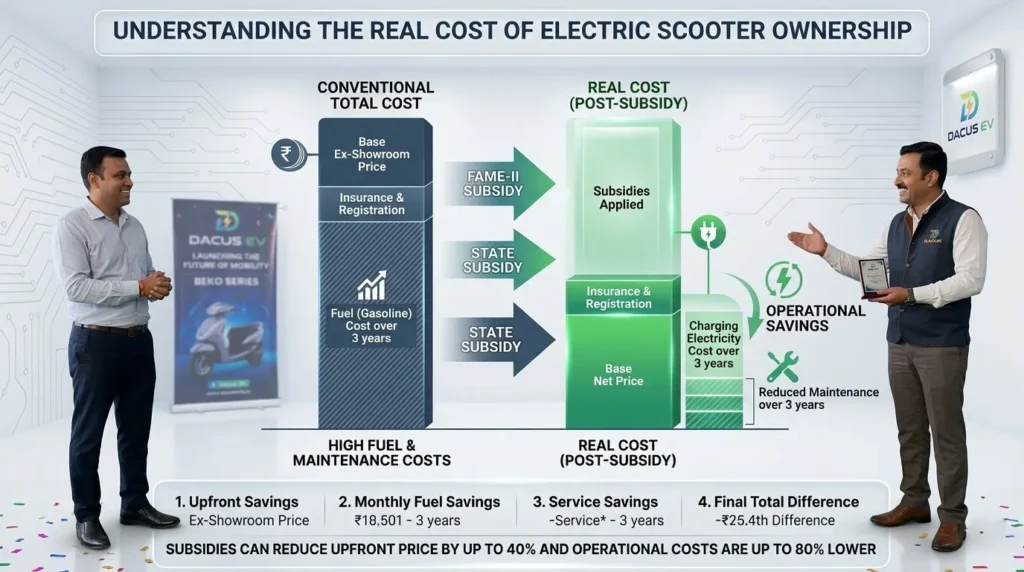 Infographic titled 'Understanding the Real Cost of Electric Scooter Ownership' comparing conventional petrol scooter costs against Dacus EV net price after FAME-II and state subsidies, including 3-year operational savings.