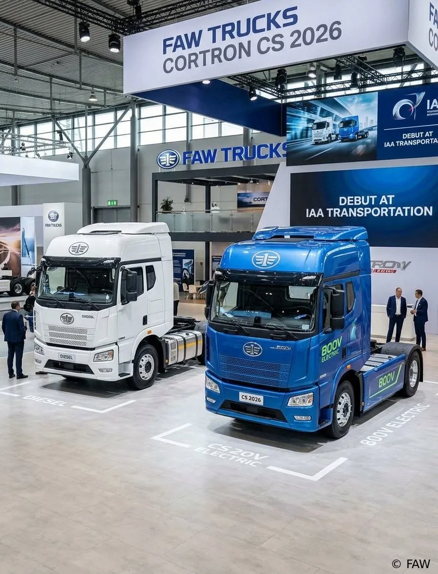 FAW Trucks Cortron CS 2026 diesel and 800V electric tractors showcased at the IAA Transportation expo.