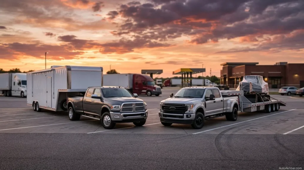 Heavy-Duty Dually Trucks: Side-by-Side Towing Comparison at Golden Hour