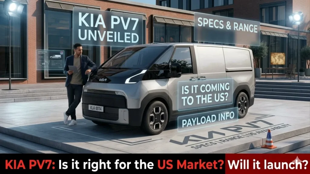 ilver Kia PV7 electric van showcased in a modern urban environment with specs and US market availability text tags.