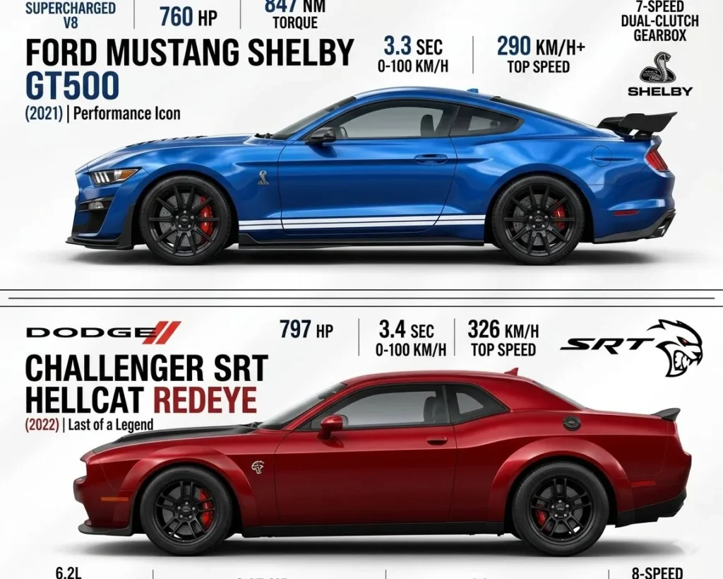 Shelby GT500 vs Hellcat : A clean side-profile comparison infographic showing a blue Ford Mustang Shelby GT500 at the top and a red Dodge Challenger SRT Hellcat Redeye at the bottom against a white background, complete with performance specs tracking labels below each vehicle.