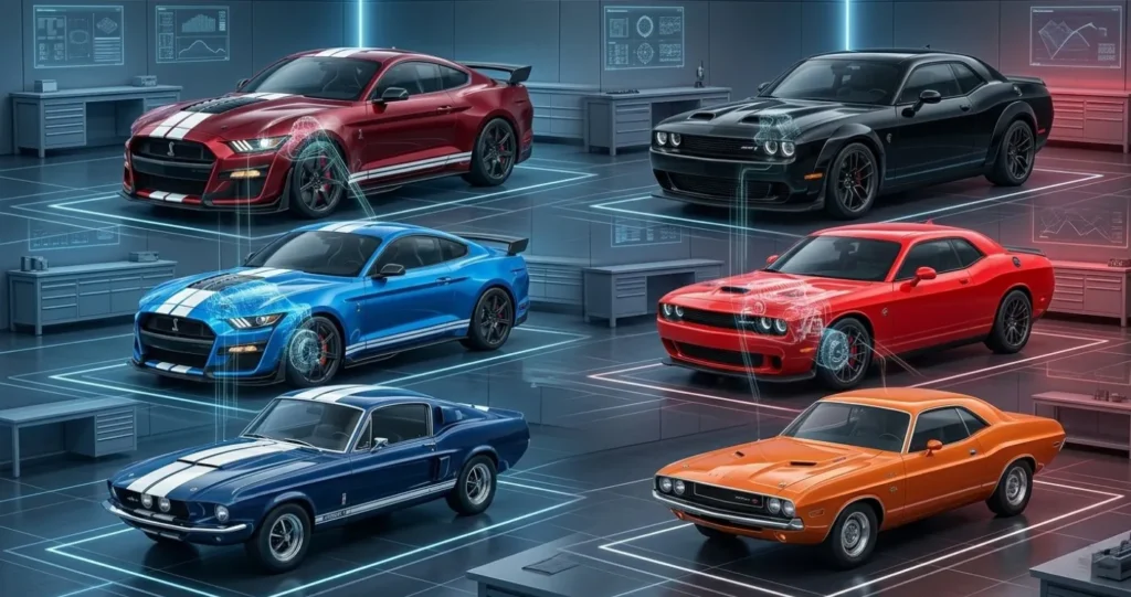 Shelby GT500 vs Hellcat : A generation by generation side-by-side design comparison showcasing different model years of the Ford Mustang Shelby GT500 and Dodge Challenger SRT Hellcat, highlighting their muscle car evolution inside a high-tech studio layout.