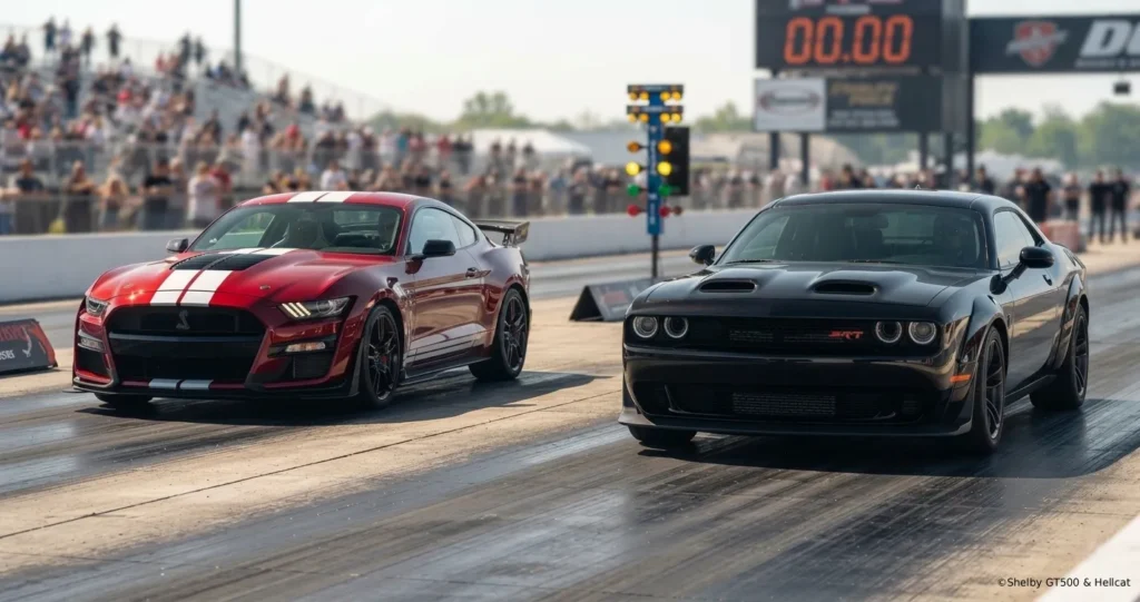 Red Ford Mustang Shelby GT500 with white racing stripes racing against a black Dodge Challenger SRT Hellcat on a drag strip during sunset, showcasing supercharged V8 muscle cars.