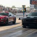 Red Ford Mustang Shelby GT500 with white racing stripes racing against a black Dodge Challenger SRT Hellcat on a drag strip during sunset, showcasing supercharged V8 muscle cars.