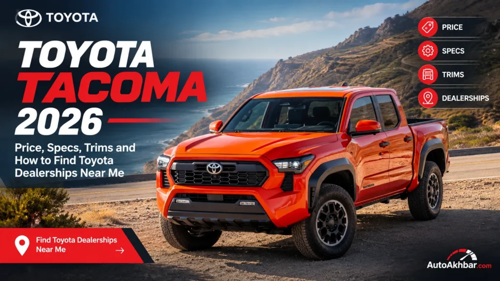 Red Toyota Tacoma 2026 pickup truck parked on a coastal road with mountains in the background, featuring price, specs, and trim options.