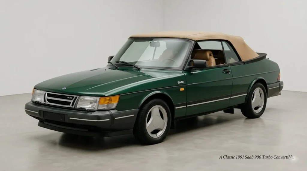 Classic british green 1991 Saab 900 Turbo Convertible car with tan soft top in a studio setup