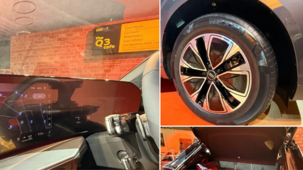Collage of 2026 Audi Q3 infotainment screen, Audi logo on the wheel and boot space