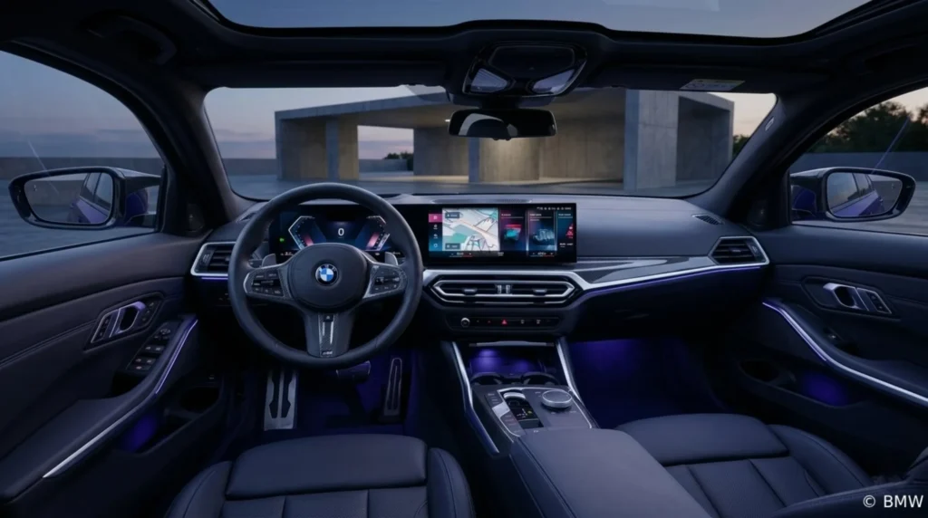 2027 BMW 3 Series interior cockpit with panoramic dashboard display and missing iDrive rotary controller on Autoakhbar.com
