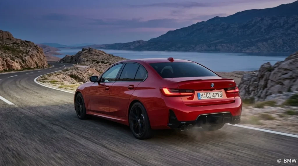 2027 BMW 3 Series rear tailgate design showing high decklid and tightly grouped slim taillights on Autoakhbar.com
