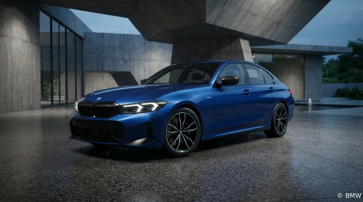 2027 BMW 3 Series sedan front three-quarter profile showing controversial shark nose and aggressive hood design on Autoakhbar.com