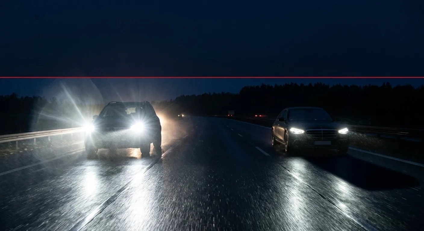 A photorealistic night road scene showing an oncoming vehicle's bright LED headlights causing intense highway glare alongside a secondary car demonstrating adaptive beam technology by casting a shaded cut-out area over the road surface to prevent blinding oncoming traffic.