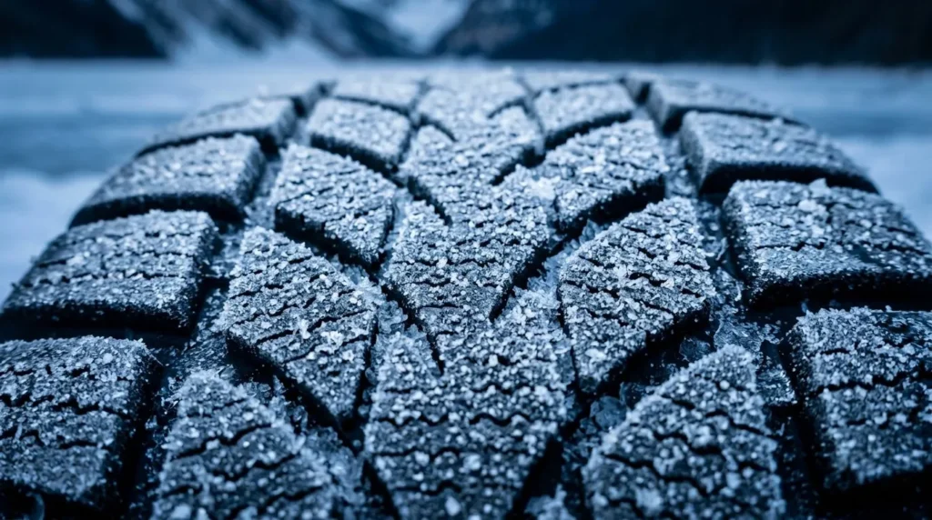 Blizzak DM-V2 vs Michelin X-Ice Snow SUV : Close-up of multicell winter tire siping on snow Autoakhbar.com 