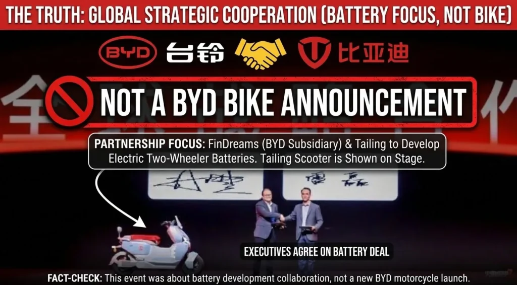 is BYD making a motorcycle : BYD and TAILG partnership announcement fact check banner debunking BYD electric bike launch rumors
